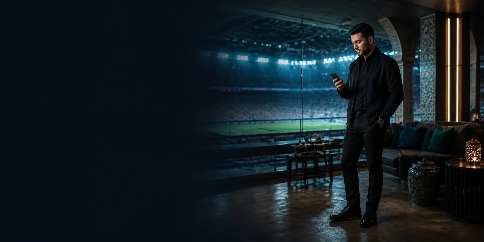 Irish sports fan using a mobile casino in an arena lounge