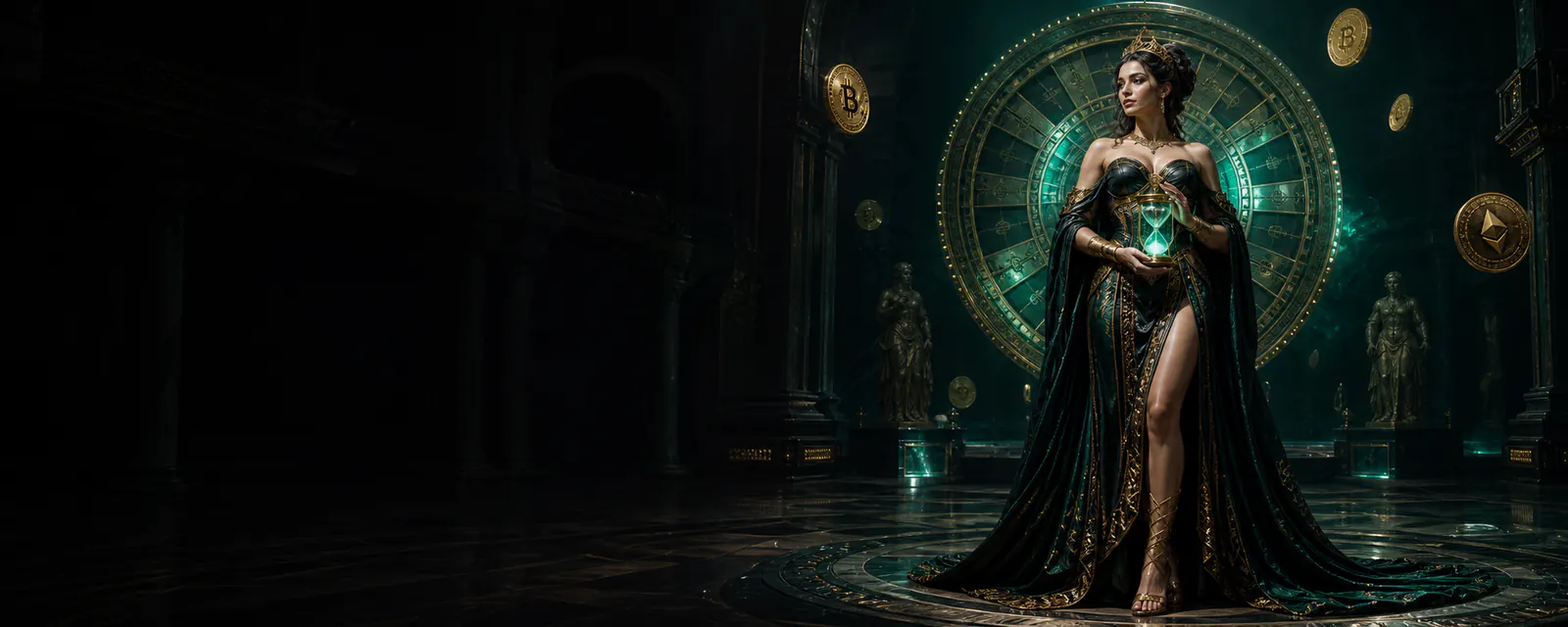 Goddess of fortune holding a glowing hourglass for the Thursday Reload promotion