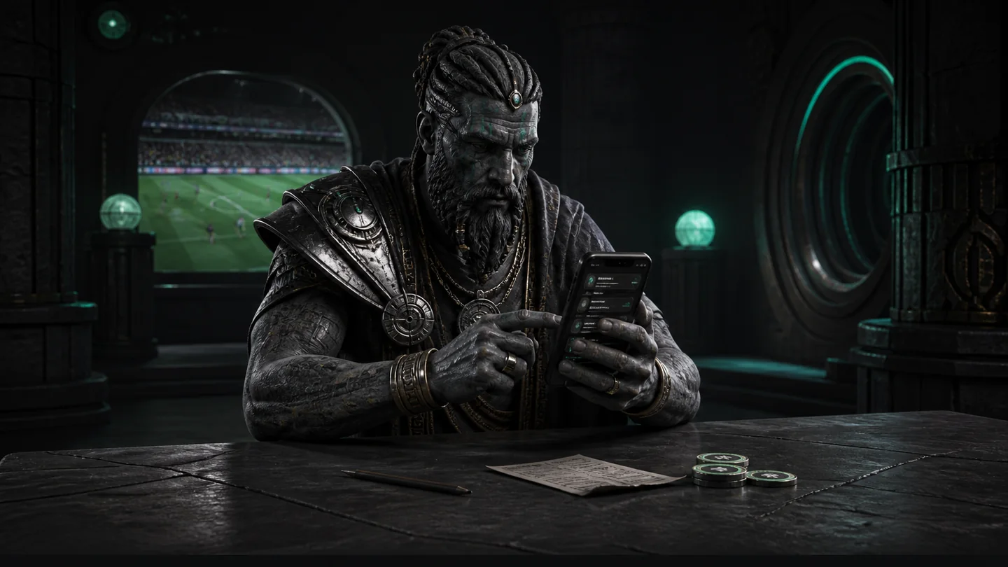 Stone tactician organising a mobile betslip in a sportsbook chamber